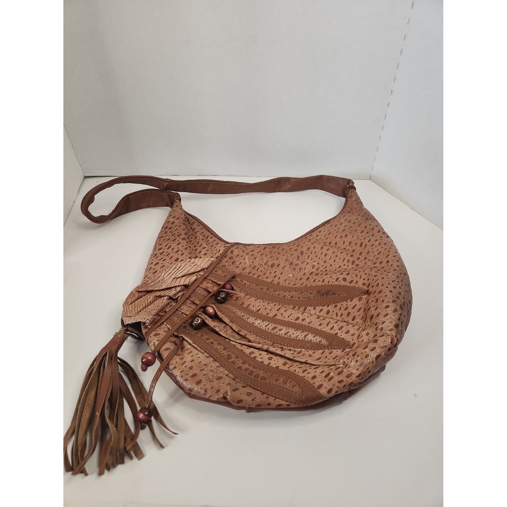 VTG Leather Boho Patchwork Hobo Bag Ostrich Embossed Tassel Shoulder Purse 70s